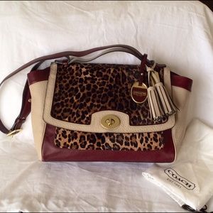 COACH Leather Ocelot Leopard Haircalf Satchel Bag